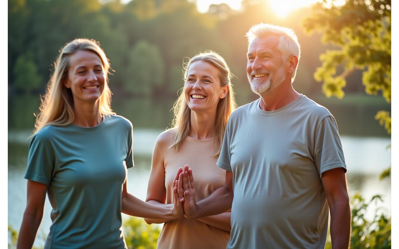 Diverse group of adults (40s-60s) engaging in various wellness activities like yoga, hiking, and healthy cooking, smiling and looking vibrant.