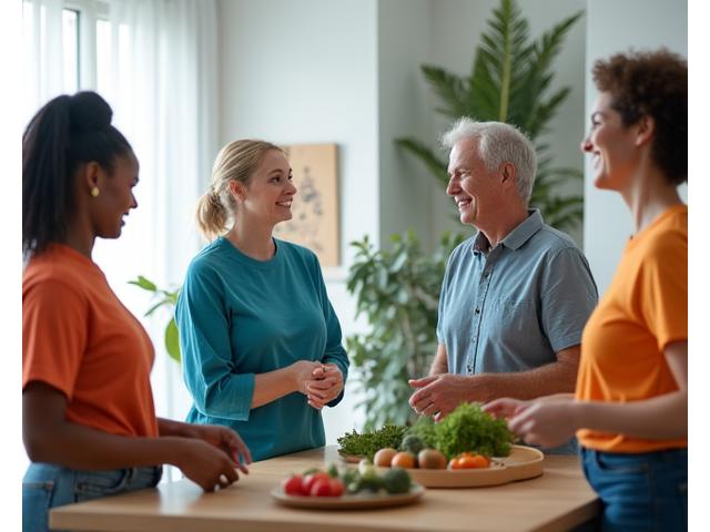 Diverse group of adults over 35 smiling and engaging in a wellness workshop, symbolizing community and collaboration.