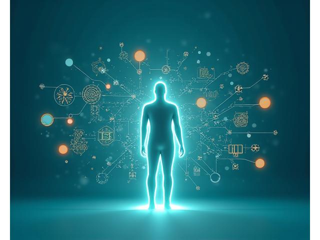 Graphic illustration representing scientific research, data analysis, and personalized insights converging to form a holistic wellness plan.