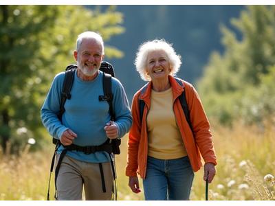 Active older couple (60s+) hiking in a scenic natural environment, smiling and vibrant, representing healthy aging and longevity
