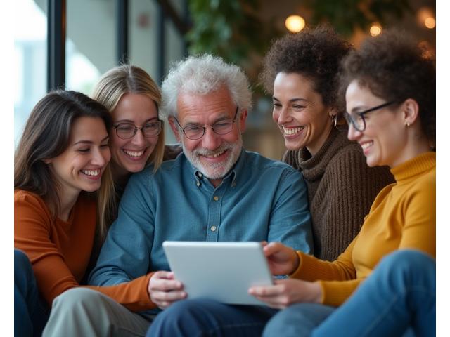 Diverse group of adults (35+) smiling and collaborating around a digital device, symbolizing community and connection