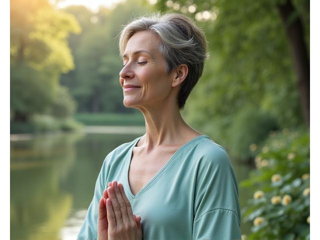 Lisa, 42, practicing mindfulness or meditation in a tranquil outdoor setting, looking serene