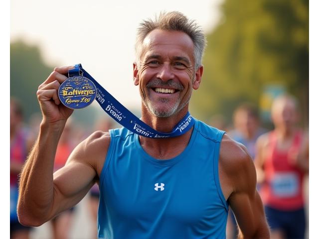 Mark, 55, proudly holding a running medal, appearing fit and happy after a race