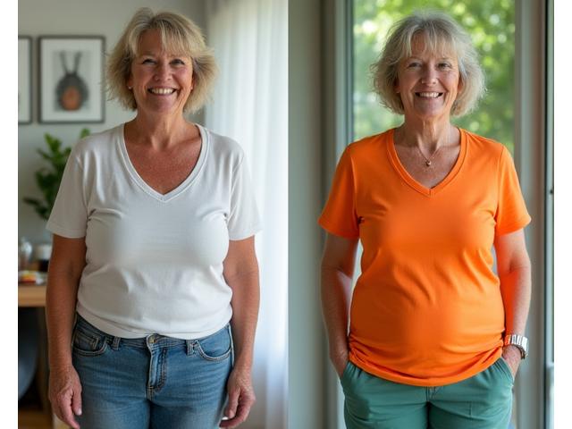 Before and after photo of Sarah, showing a noticeable positive health transformation over several months