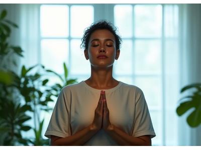 Person (40s) meditating peacefully in a serene, natural setting with closed eyes, representing mental health and stress management