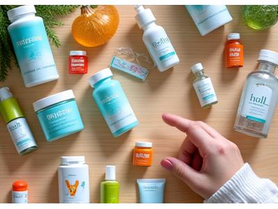 Various health and wellness products displayed neatly, with a hand pointing to one, representing product reviews and recommendations