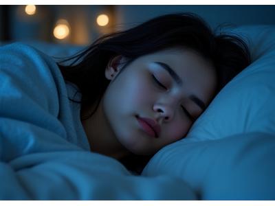 Person (30s-40s) sleeping soundly in a cozy, dim bedroom with soft lighting, symbolizing sleep and recovery