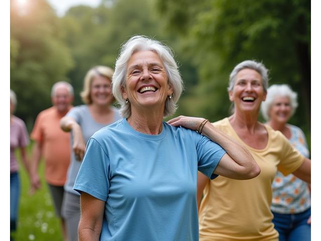 A diverse group of smiling, active adults 35+ in a park setting, symbolizing health and community success.