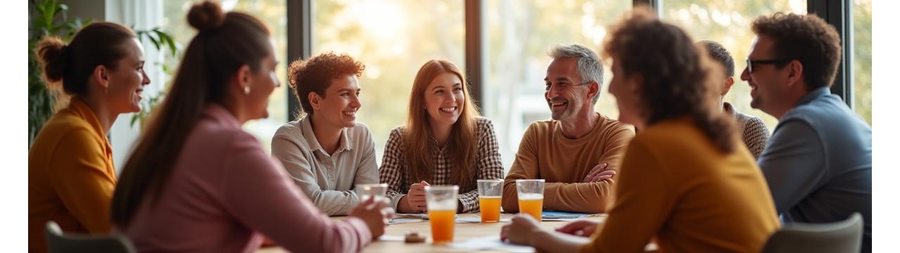 Diverse group of adults 35+ engaging in a supportive community setting, smiling and discussing wellness topics.
