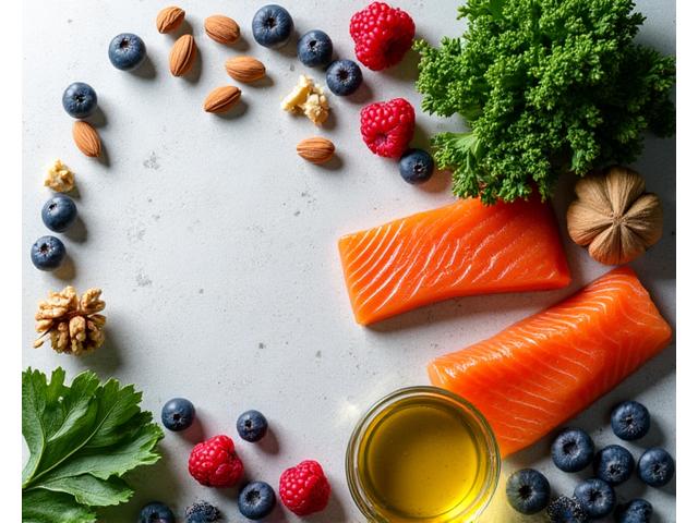 A vibrantly colored bowl of anti-inflammatory foods like berries, nuts, and greens.