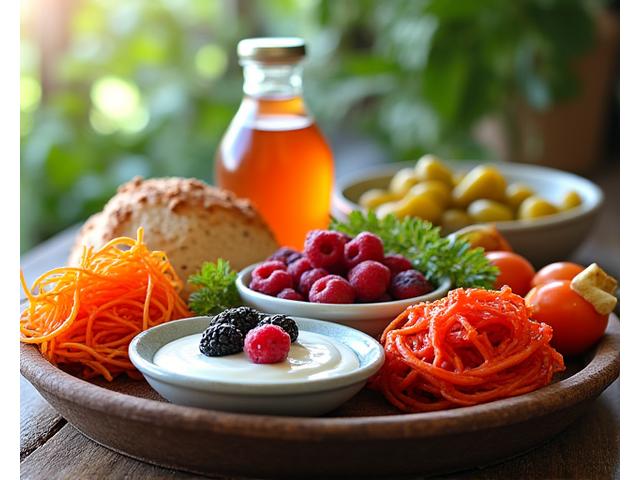 A colorful assortment of fermented foods like kimchi, yogurt, and kombucha, representing gut health.
