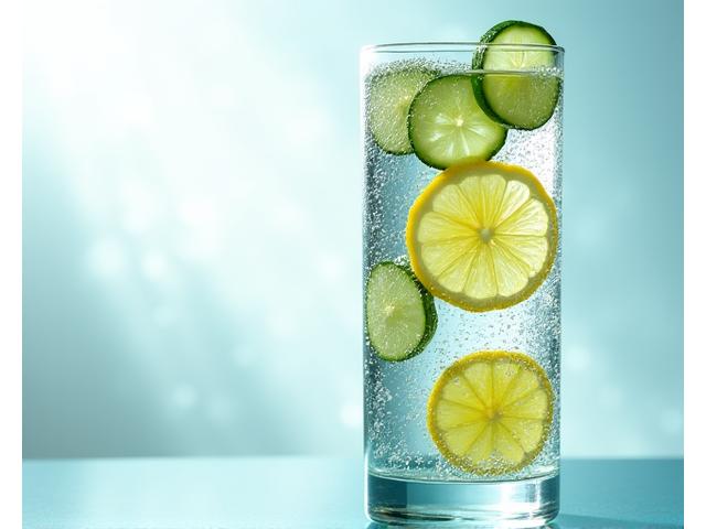 A glass of sparkling water with lemon slices, emphasizing hydration and freshness.