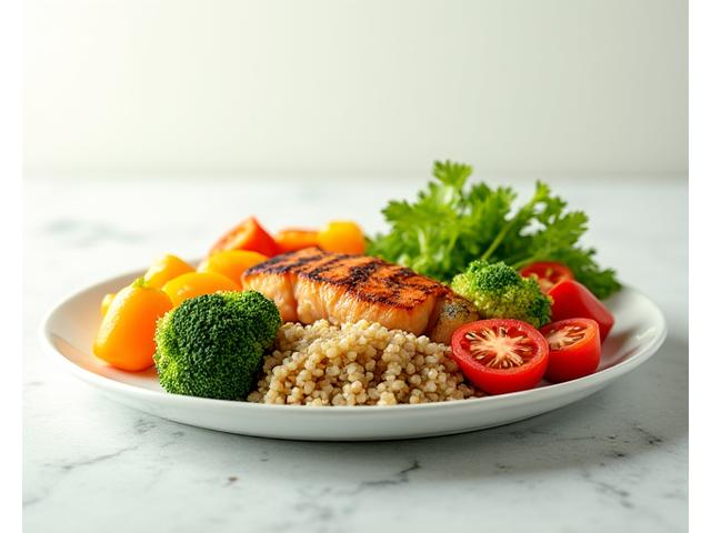 A colorful and balanced plate of healthy food, featuring fresh vegetables, lean protein, and whole grains.