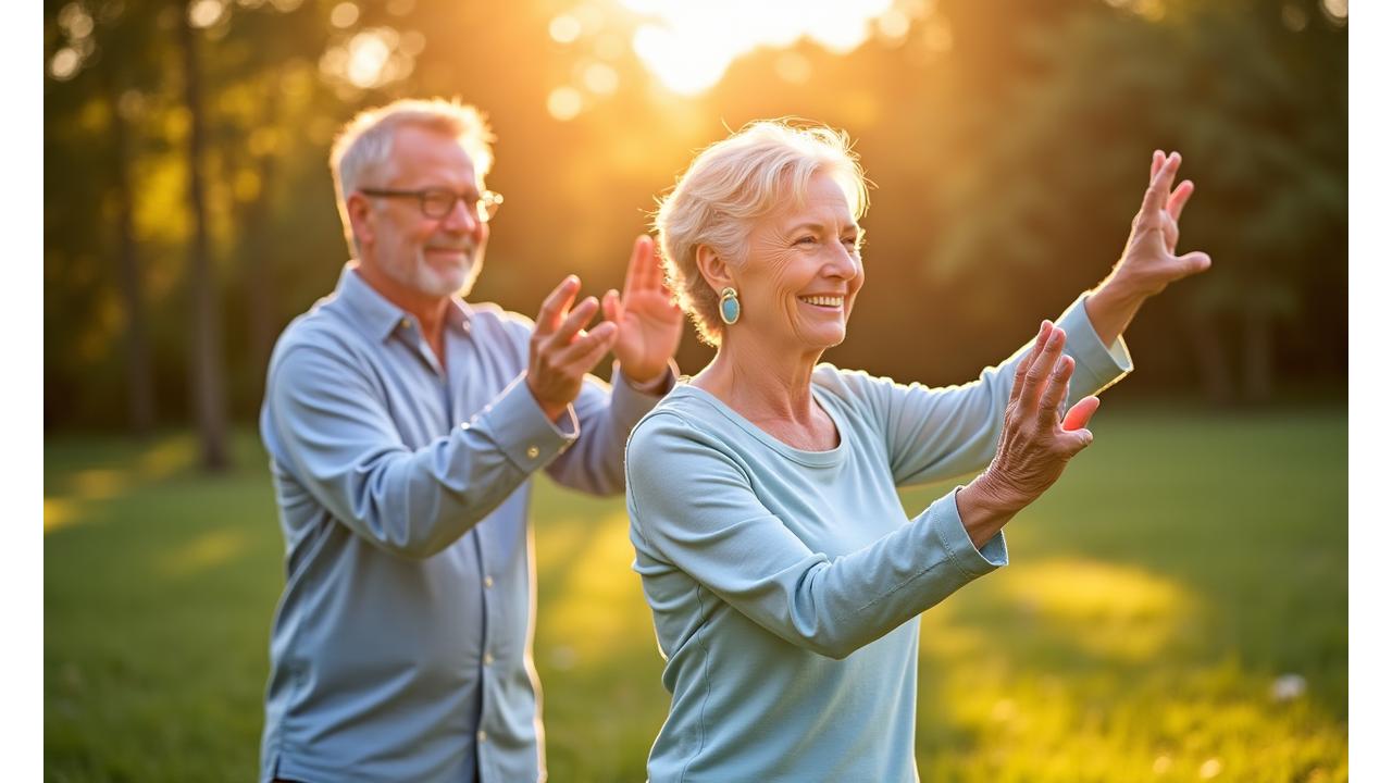 A vibrant image of a serene senior couple practicing yoga outdoors, embodying active longevity and well-being.