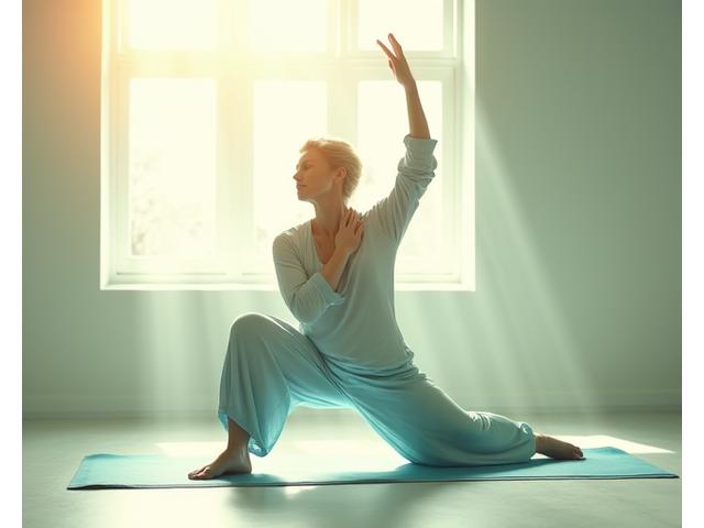 A person performing gentle stretches in a sunlit room, symbolizing mindful movement and flexibility.