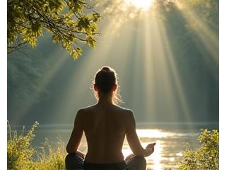 A person meditating in a peaceful nature setting, symbolizing mindfulness and inner peace.
