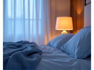 A cozy, dimly lit bedroom, implying good sleep hygiene and restful sleep.