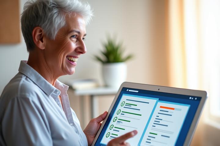 A person happily checking off tasks on a digital to-do list, symbolizing progress and achievement in a digital detox challenge.