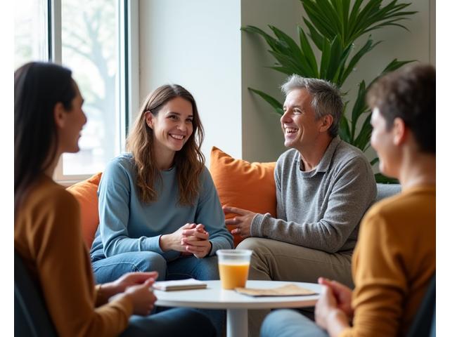 Diverse group of adults engaging in supportive discussion in a serene, modern setting, symbolizing community and shared wellness goals.