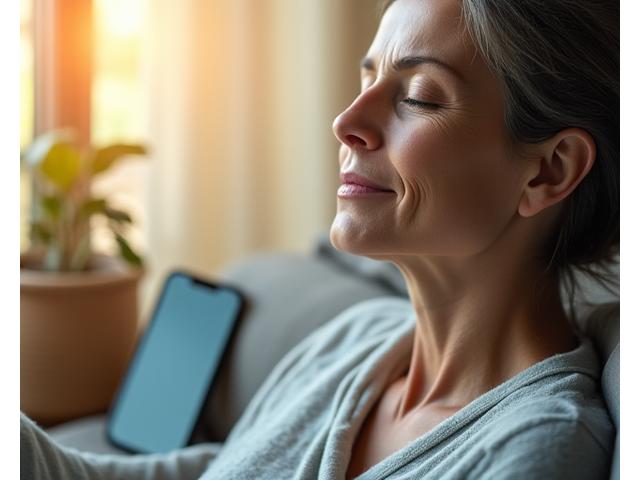 Person meditating peacefully next to a turned-off smartphone, symbolizing digital detox and mental clarity.
