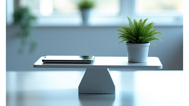 A balanced scale with a smartphone on one side and a plant on the other, representing work-life balance and digital boundaries.