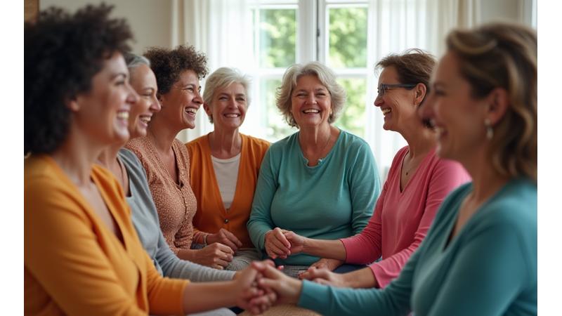 Group of diverse women gathering, smiling, showing community and sisterhood