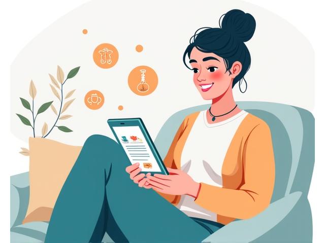 Illustration of a woman engaging with a digital health assessment on a tablet, with medical icons around her