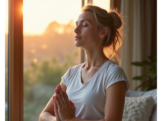 Woman meditating calmly in a serene environment, symbolizing mental peace and resilience