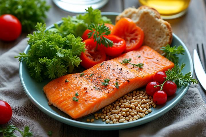 A colorful and balanced meal spread with fresh ingredients, showing healthy eating for women