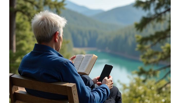 Person meditating outdoors in a peaceful setting, phone placed aside, emphasizing digital detox.