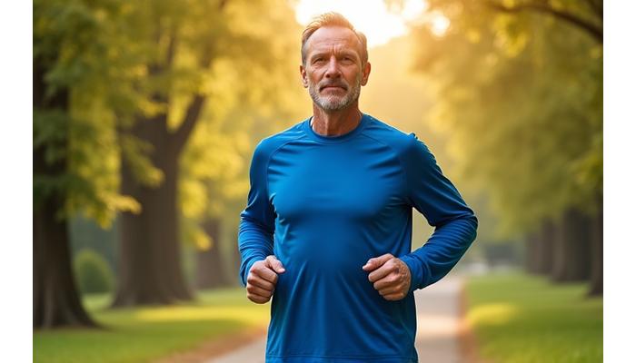 Man over 40 jogging outdoors, looking energized and fit.