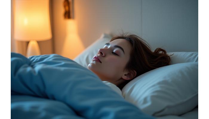 Person sleeping peacefully in a comfortable bed, warm lighting, serene atmosphere.