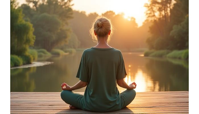 Woman over 50 practicing gentle yoga or meditation on a sunny morning, looking serene.