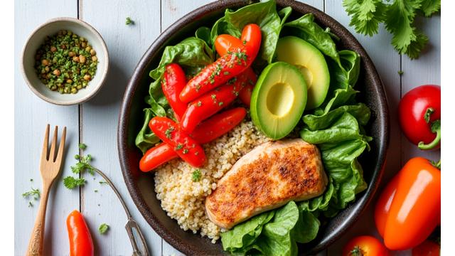 Vibrant, healthy meal with fresh vegetables and lean protein, representing functional eating.