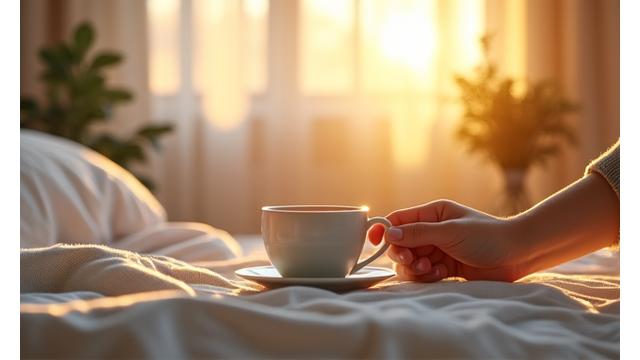 Sunlit bedroom with a person gently waking up, symbolizing a morning routine transformation.