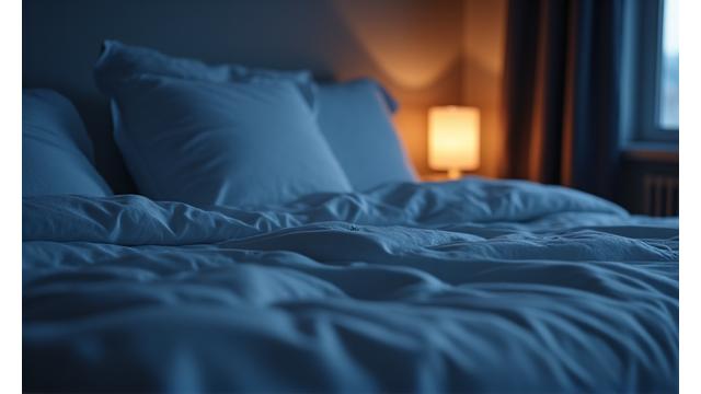 Peaceful bedroom setting with soft lighting, hinting at an optimized sleep protocol.