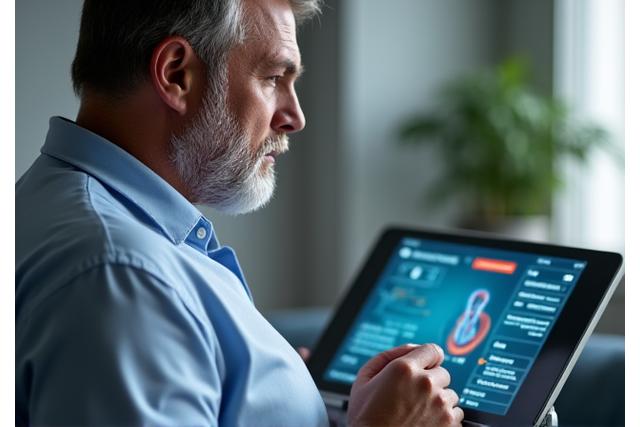 Man engaging with a digital health assessment on a tablet, looking thoughtful and engaged.