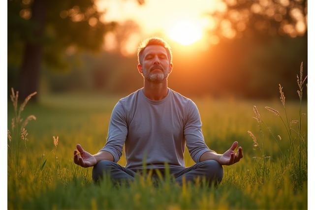 Man meditating in a serene environment, symbolizing balance and natural health.