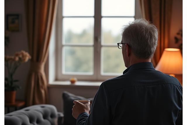 Man quietly contemplating by a window, fostering a sense of calm and reflection.
