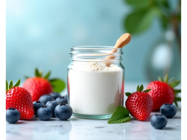 Collagen peptide supplement powder in a jar with scoop and fresh berries