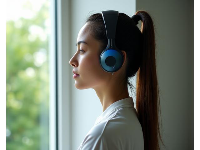 Person wearing a sleek meditation headset in a serene, natural setting.