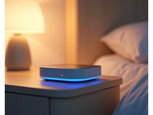 Smart sleep tracker device on a bedside table with soft lighting