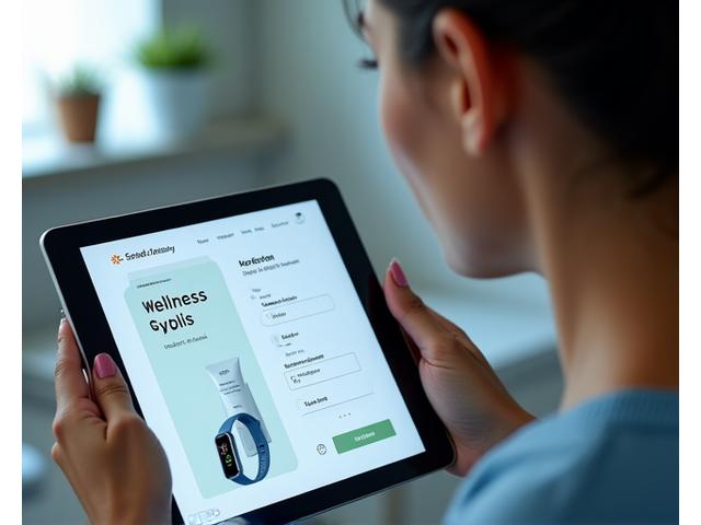 Woman interactively using a tablet to fill out a wellness assessment, with product recommendations appearing on screen, set against a calming, modern background.