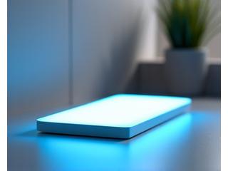 A light therapy device emitting gentle blue light on a clean desk, implying circadian rhythm regulation.