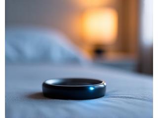 A sleek smart ring or wristband tracking sleep on a bedside table with a relaxed bedroom background.