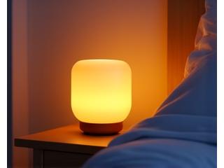 A smart lamp emitting soft, warm light in a modern, calm bedroom setting for optimized sleep.