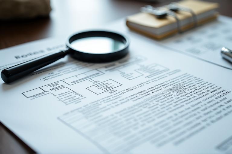 Illustration of a legal document with a magnifying glass, symbolizing careful review of terms and conditions