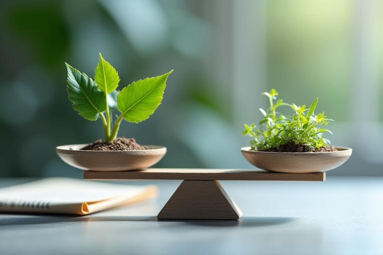 Scales of justice balancing a small plant against medical symbols, emphasizing legal and health caution