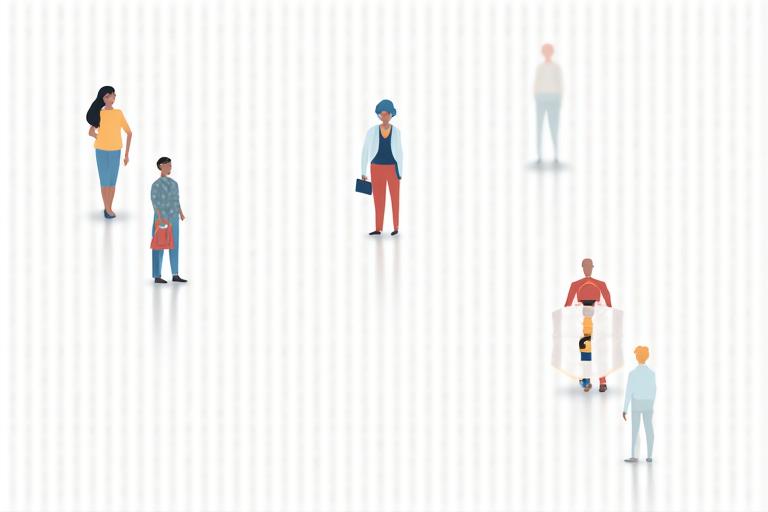 Illustration of diverse people connecting safely within a digital grid, symbolizing community guidelines and protections